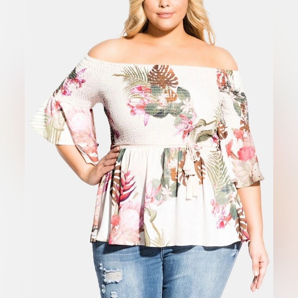 City Chic Paradise Palm‎ Off-Shoulder Blouse - Cream and Pink NWT Size XL-22